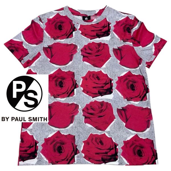 良品■PS Paul Smith ポールスミス■花柄 バラ柄 総柄 Tシャツ M グレー 赤 グラフィック カットソー 日本製