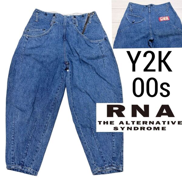 00s Y2K■RNA■バルーン バレル サスペンダーボタン デニム パンツ M インディゴブルー ワッペン ジーンズ コック ヴィンテージ オールド