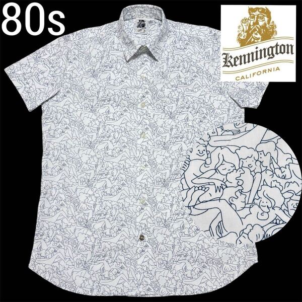80s■KENNINGTON ケニントン■エロ ヌード柄 総柄 半袖 シャツ S 白 ホワイト ブルー ゴールドボタン ヴィンテージ オールド