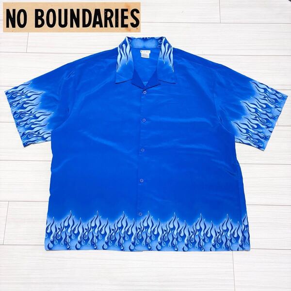 00S■no boundaries■ファイヤーパターン アロハシャツ ブルー 2XL タトゥー ノーバウンダリーズ ビッグシルエット オーバーサイズ