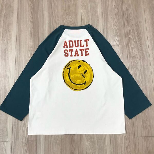 THE YOUTHLESS JOURNAL STANDARD ADULT STATE green ジャーナルスタンダード 別注 ニコチャン スマイル ベースボール 7部袖 ロンT Tシャツ