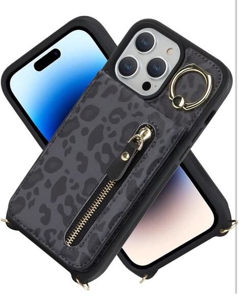 iPhone 14 pro ケース ショルダー リング付きケース カードケース カード収納 スナップ式 横置き スタント 肩がけ 首掛け ヒョウ柄 /A729