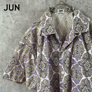 JUN 90sペイズリー柄シャツ半袖オープンカラー開襟ダイヤ模様Mメンズ T1