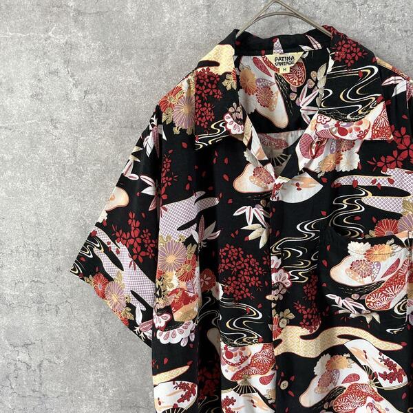 PATINA 和柄シャツ オープンカラー開襟 半袖 黒 Mメンズ アロハかりゆし