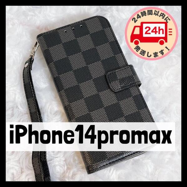 【iPhone14promax】黒 iPhoneケース チェック柄 手帳型p4