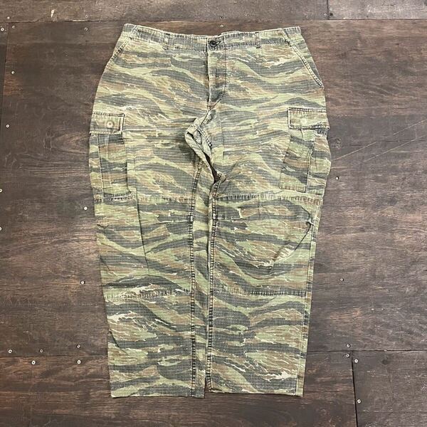 90s タイガーカモ カーゴパンツ 迷彩 リップストップ W104cm XL-R ミリタリー ヴィンテージ BDU ミリタリーパンツ 米軍 ワークパンツ 80s