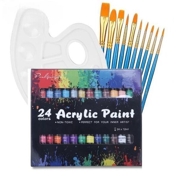 24色 12ml アクリル絵の具セット 油絵筆10本 パレット絵の具 絵具 描画 手芸