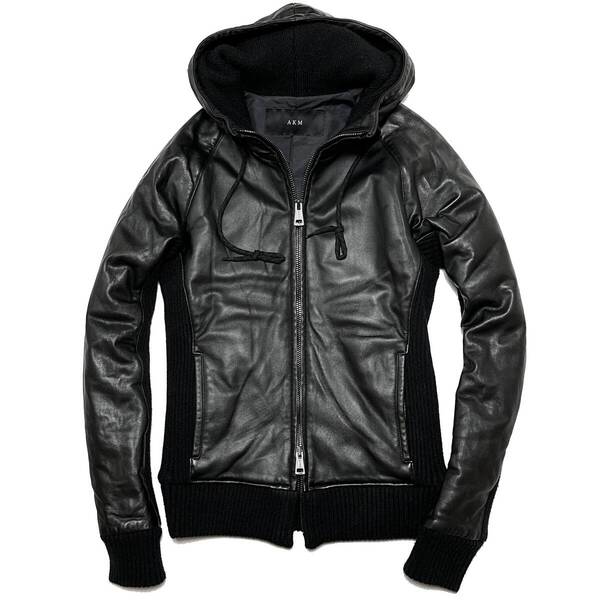 LEON掲載 定価25万 AKM RIBA ENTREFINO LAMB LEATHER NECK ZIP PARKA M 黒 ラムレザージップパーカー ジャケット ライダース wjk