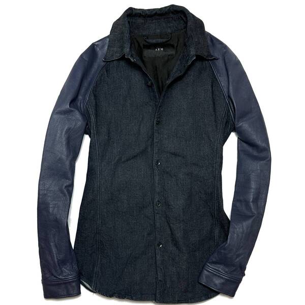 定価10万 AKM WRINKLE COW LEATHER DENIM COMBI SHIRTS サイズM ネイビー ライダース レザーシャツ wjk ジュンハシモト 1piu