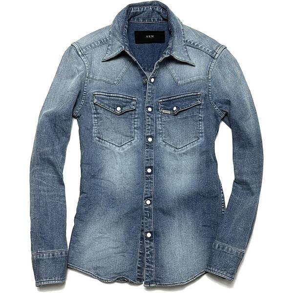 定価5.8万 AKM 8oz STRETCH DENIM BLANKET WESTERN SHIRTS S ブルー ストレッチデニムウエスタンシャツ wjk ジュンハシモト