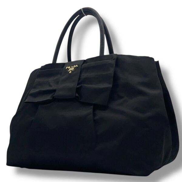 【極美品】プラダ PRADA ハンドバッグ リボン ナイロン 黒 ブラック トートバッグ レザー ゴールド金具