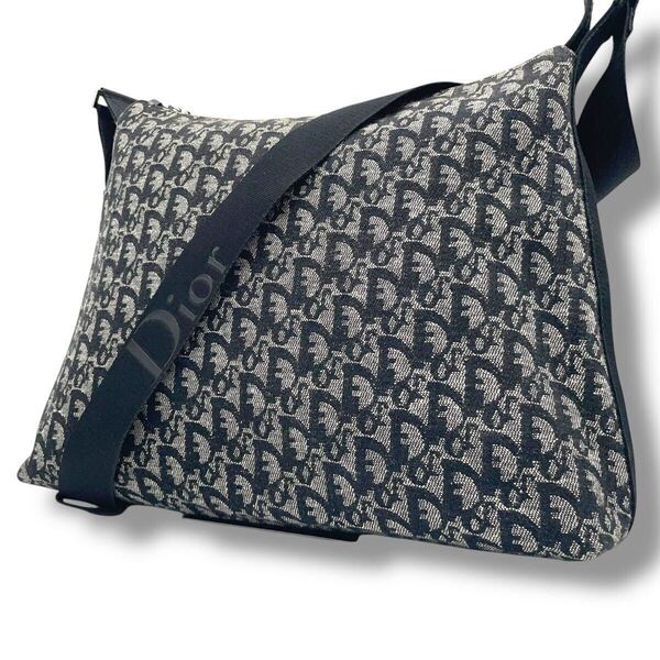 【美品】Dior クリスチャンディオール ショルダーバッグ キャンバス レザー トロッター柄 斜め掛け 黒 ブラック系