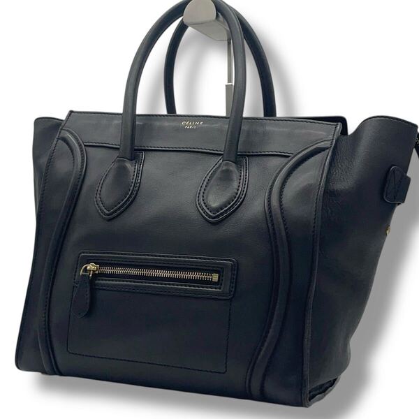 【美品】セリーヌ CELINE ラゲージ ミニショッパー 黒 ブラック レザー ハンドバッグ トートバッグ A4 ゴールド金具