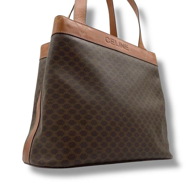 【美品】セリーヌ CELINE ハンドバッグロゴ刻印 レザー PVC マカダム柄 トートバッグ ワンショルダーバッグ ブラウン 茶色