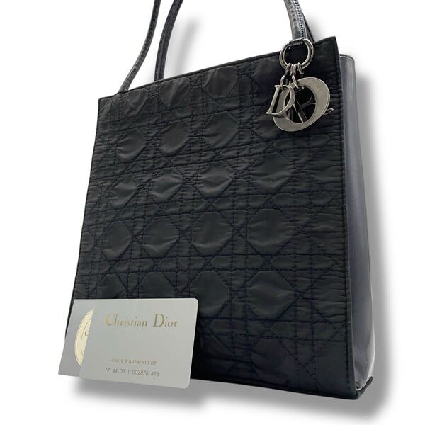 【美品・ベタつきなし】クリスチャンディオール Dior カナージュ ハンドバッグ 黒系 ブラック系 チャーム トートバッグ ナイロン レザー