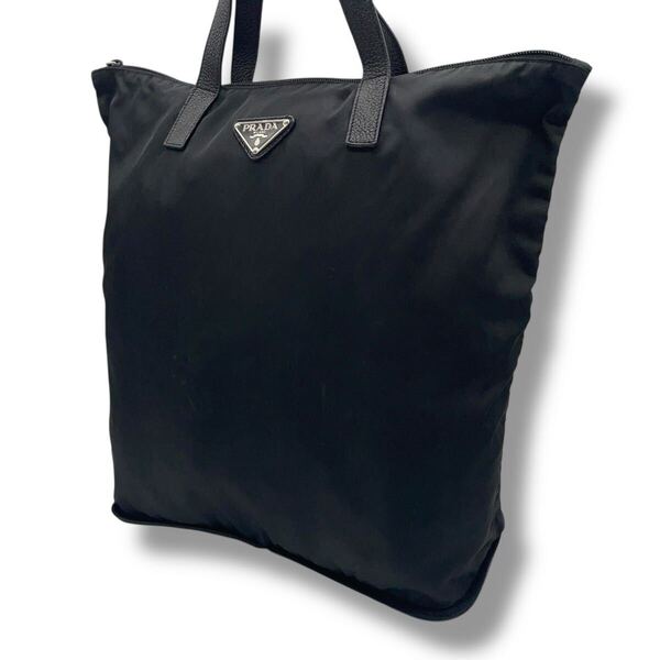 【美品】プラダ PRADA トートバッグ ハンドバッグ テスートナイロン 三角ロゴプレート 黒 ブラック縦型