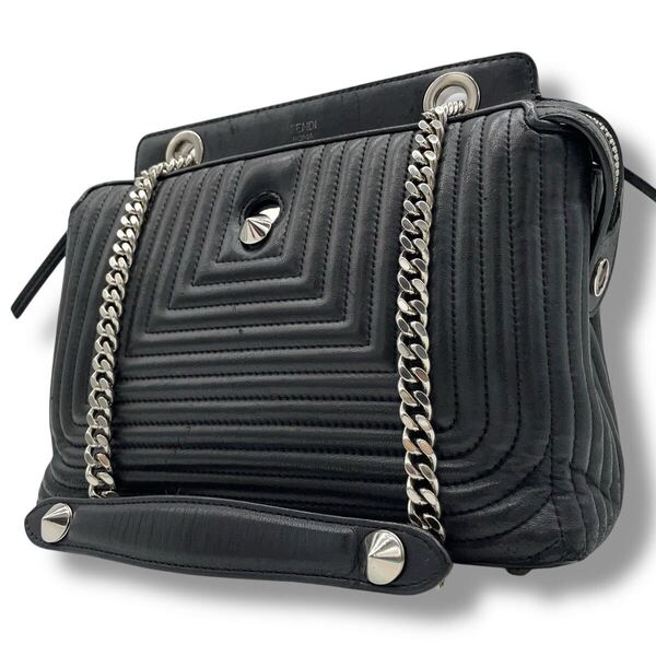 【極美品】フェンディ FENDI ドットコム ショルダーバッグ 黒 ブラック レザー ワンショルダー ハンドバッグ ポーチ付き チェーン