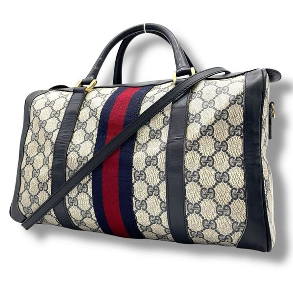 【極美品】グッチ GUCCI ボストンバッグ 2way GGスプリーム レザー PVC ハンドバッグ シェリーライン ショルダーバッグ 黒 ブラック