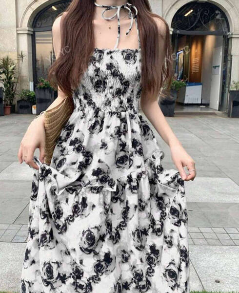 SHEIN 花柄タイバックキャミドレスワンピース L