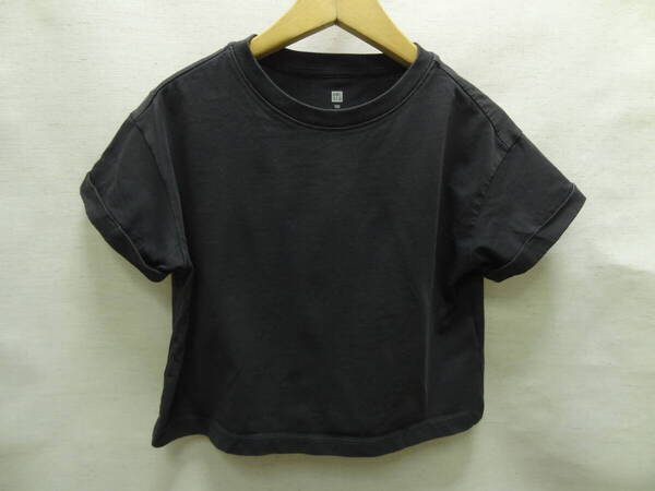 全国送料無料 ユニクロ UNIQLO エアリズム AIRism 子供服キッズ女の子 袖折り返し&ショート丈 黒色無地 半袖Tシャツ 130