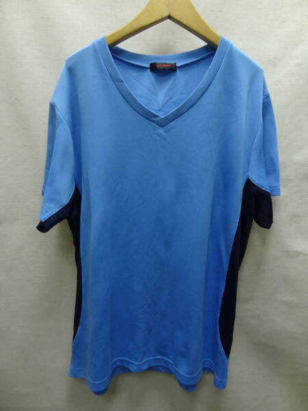 全国送料無料 ジーユー GU SPORTS メンズ ポリエステル100%素材 ブルーXネイビー色 半袖 VネックスポーツTシャツ Lサイズ