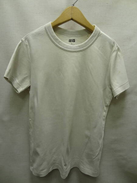 全国送料無料 ユニクロ UNIQLO U レディース 綿100% アイボリー色 無地 半袖 Tシャツ L サイズ(バスト86-92cm)