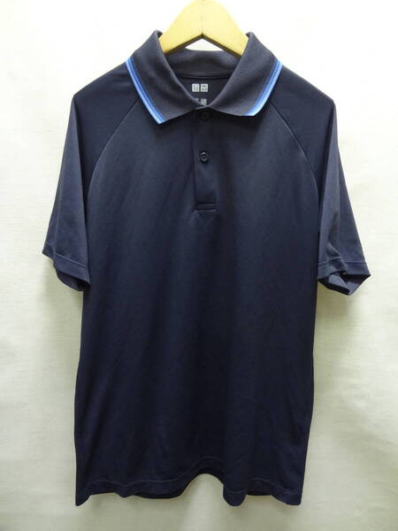 ほぼ新品 ユニクロ UNIQLO メンズ ポリエステル100% 半袖 高機能素材 DRY&抗菌 ラグラン袖 紺色襟ライン入りポロシャツ S (胸囲80-88cm)