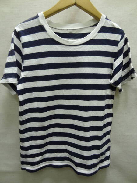 全国送料無料 無印良品 子供服キッズ男&女の子 紺色 15mmボーダー柄 半袖 Tシャツ 140