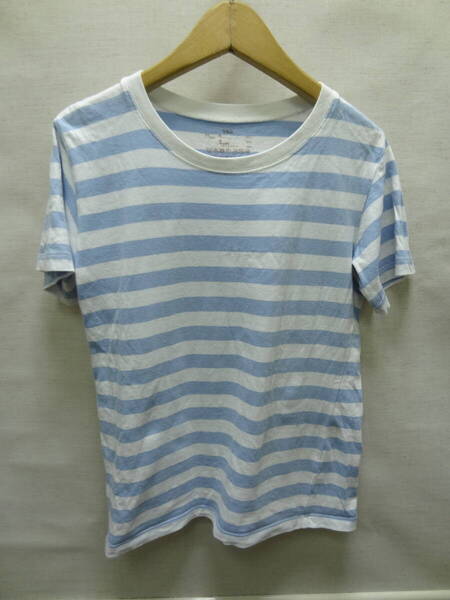 全国送料無料 無印良品 子供服キッズ男&女の子 水色15mmボーダー柄 半袖 Tシャツ 140①