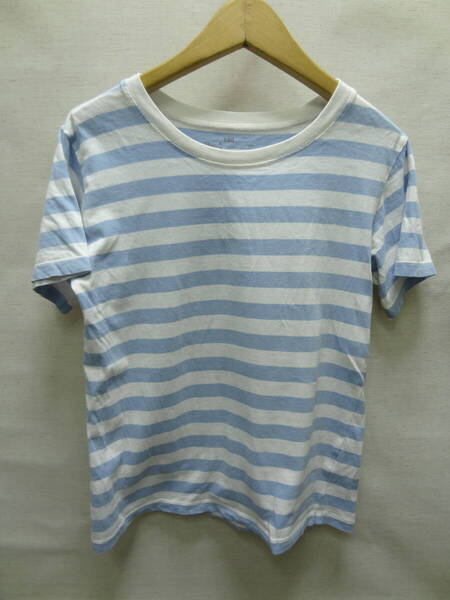 全国送料無料 無印良品 子供服キッズ男&女の子 水色15mmボーダー柄 半袖 Tシャツ 140②