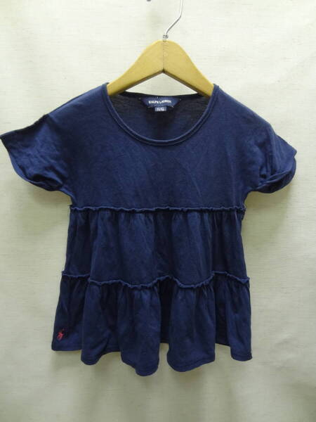 全国送料無料 正規品 ポロ ラルフローレン POLO RALPH LAUREN 子供服キッズ女の子 紺色カットソー素材 裾ピンク刺繍 チュニック 110(4T)