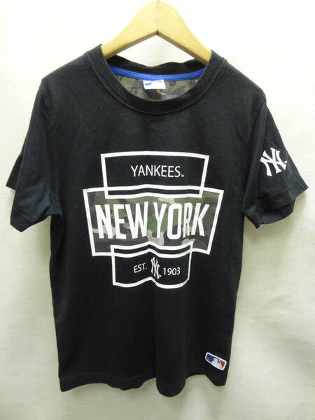 全国送料無料 MLB ニューヨーク ヤンキース 子供服キッズ男の子 ロゴプリント 黒色 半袖Tシャツ 150