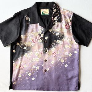 【未使用 】着物リメイク和柄アロハシャツ半袖シャツ古布リメイク花柄ブラウス刺繍桜