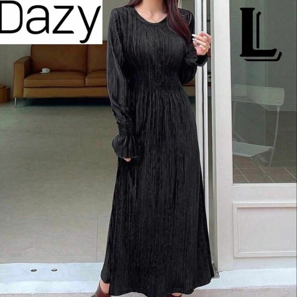 DAZY お呼ばれドレス ロングドレス ベロアドレス ロングワンピース 黒・ブラック Lサイズ 長袖・ウエストゴム ストレッチ入り