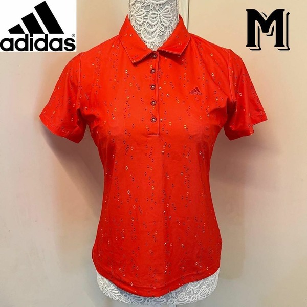 adidas アディダス レディース ゴルフウェア ポロシャツ Tシャツ 総柄 半袖トップス Mサイズ レッド・赤 スポーツウェア 速乾