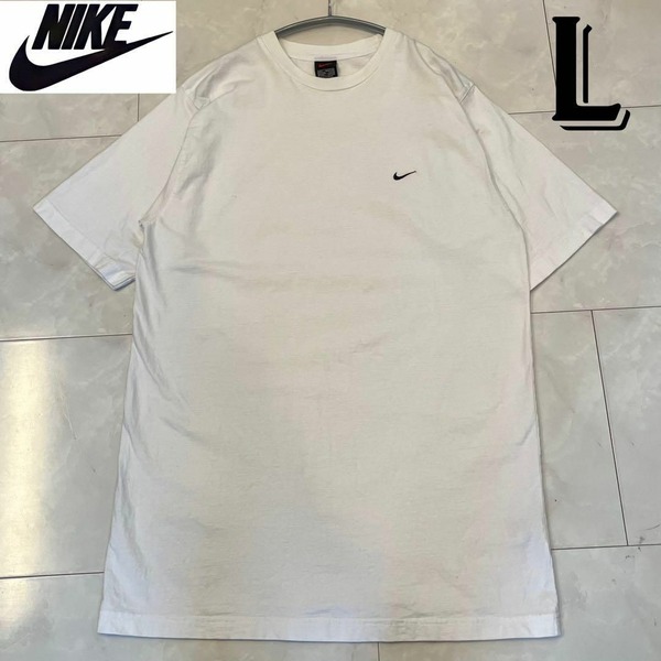 NIKE ナイキ メンズ 半袖Tシャツ コットンTシャツ 白・ホワイト Lサイズ 刺繍ロゴ ソロスウッシュロゴ Tシャツ 輸入古着 トップス
