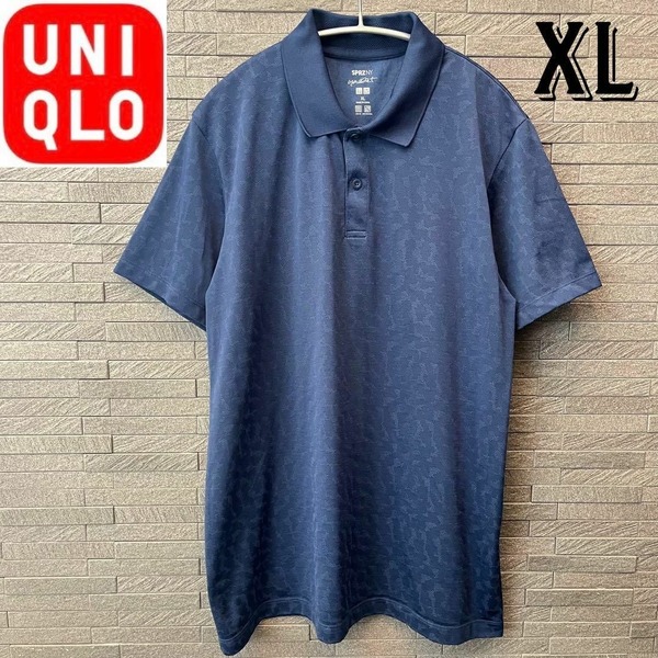 UNIQLO《ユニクロ》メンズ ドライEX ポロシャツ 半袖トップス・カットソー 総柄 紺・ネイビー XL・LLサイズ 速乾 ハーフボタン