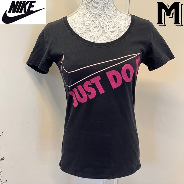 Just Do It NIKE ナイキ レディース 半袖Tシャツ トップス・カットソー ブラック・黒×ピンク Mサイズ ビッグロゴ スポーツウェエア