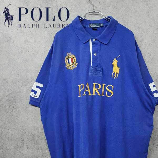 90s ポロ ラルフローレン 刺繍 PARIS ポロシャツ ブルー 3XL 古着