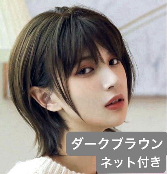 フルウィッグ ショート ウルフ 医療用 ダークブラウン 安い ウィッグ コスプレ かつら おすすめ ネット付き ストレート レイヤー おしゃれ