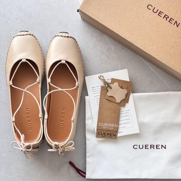 CUEREN クエルン ベージュ バレエ フラット シューズ リボン 韓国 フラットシューズ レザー ラウンドトゥ クエレン バレンシア バレリーナ