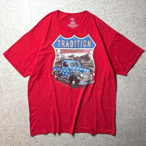 アメリカ古着 半袖Tシャツ 車 星条旗 ピックアップトラック シボレー アメ車 プリント イラスト 赤 XL