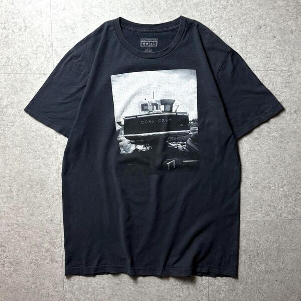 CONVERSE メキシコ製 半袖Tシャツ フォトプリント クルーネック CONS CREW 船 フォトプリント ヴィンテージ風 黒 ブラック L