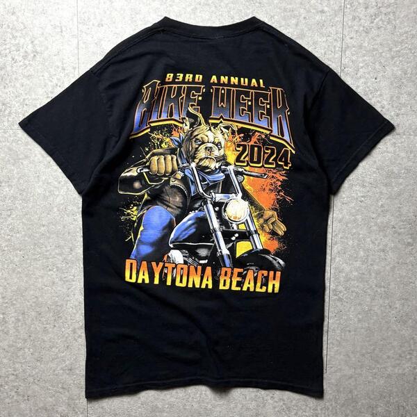 GILDAN 半袖Tシャツ アメリカ バイクウィーク バイカー 両面プリント アニマル 犬 ブルドッグ イラスト 黒 ブラック S