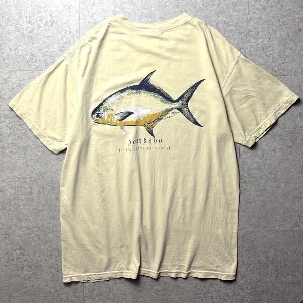 COMFORT COLORS アメリカ古着 半袖Tシャツ アニマル 魚 フィッシュ PHINSロゴ アウトドア 釣り マリン 黄色 イエロー L