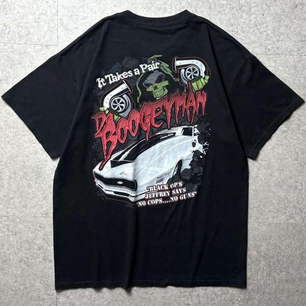 GILDAN 半袖Tシャツ レーシングチーム カーレース イラスト ストリート カジュアル 死神 車 両面プリント 黒 ブラック L
