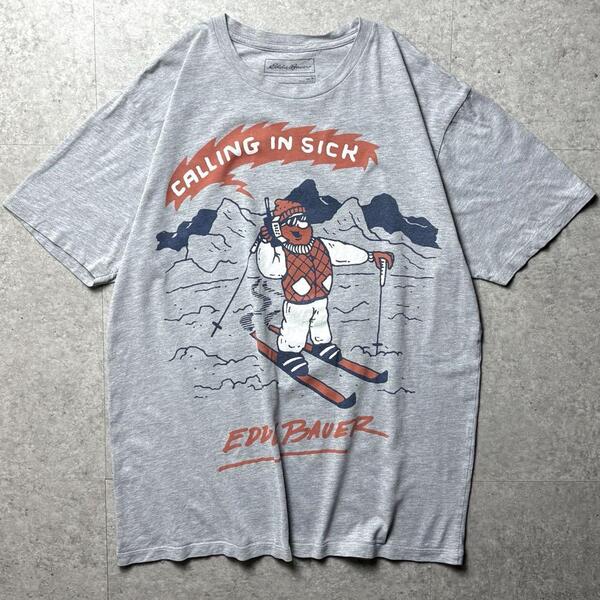 Eddie Bauer エディー・バウアー 半袖Tシャツ スキー ユーモア ジョーク おもしろ 灰色 アウトドア イラスト グレー M