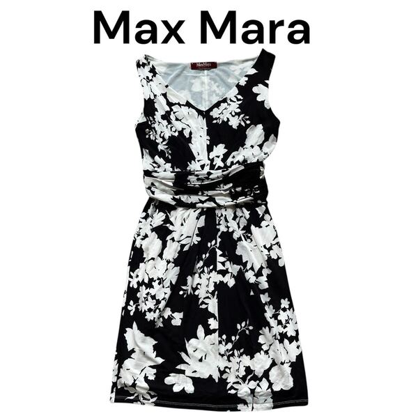 マックスマーラMax Mara ノースリーブ白 黒 花柄 ひざ丈ワンピースSサイズ相当