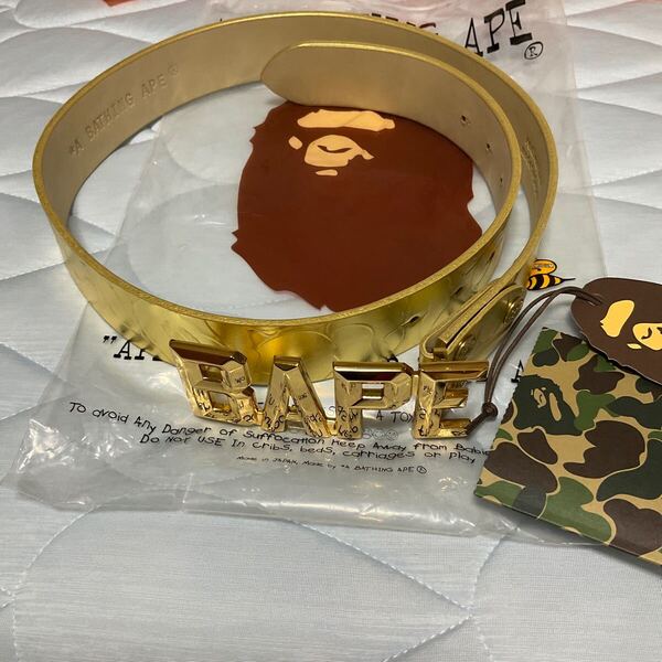 新品未使用 A BATHING APE アベイシングエイプ ゴールドカモレザーベルト BAPE金バックル 牛革 日本製 サイズM