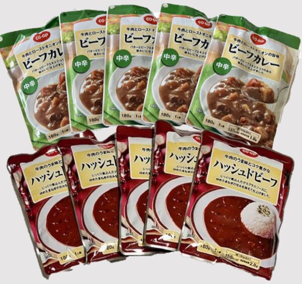 レトルト食品10食 ビーフカレー中辛 5袋 牛肉の旨味 ハッシュドビーフ 5袋 レトルトカレー